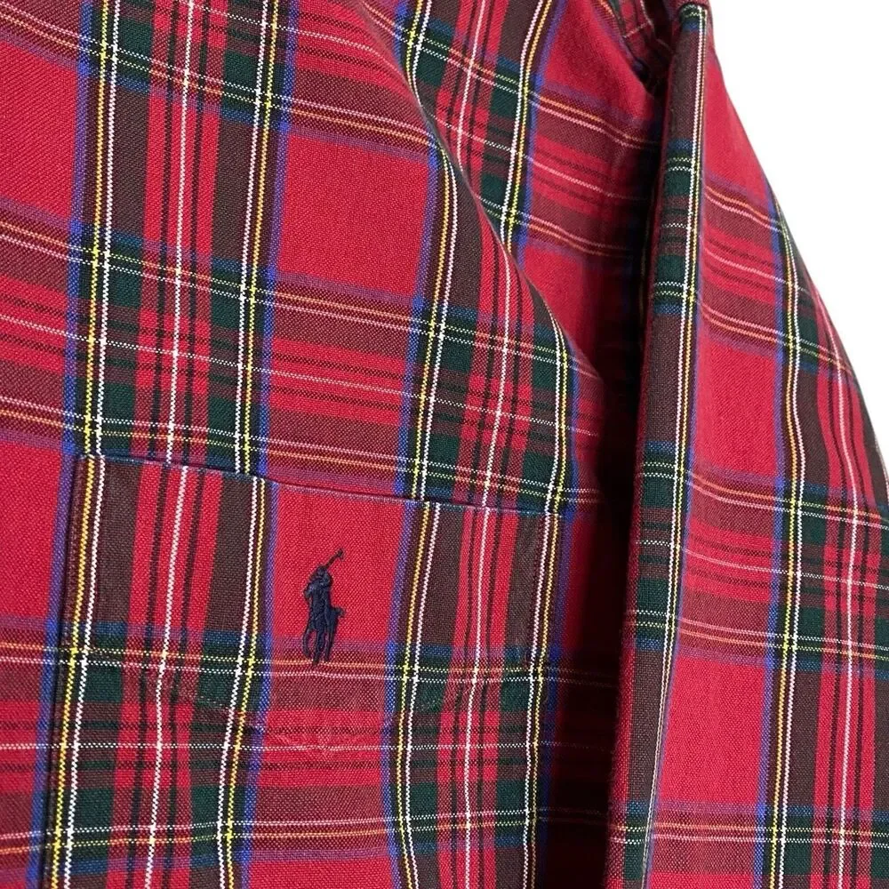 Vtg Polo Ralph Lauren Big Shirt Mens L Red Button Down Plaid Pony Preppy LS 90s